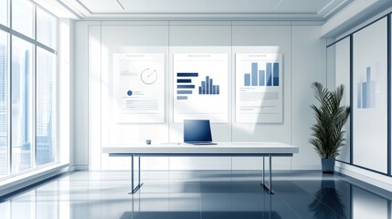 Poster - Modern office desk with reports and cityscape view
