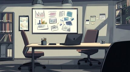 Poster - Modern office interior with whiteboard and laptop.  Possible use Stock photo for business, productivity, modern office