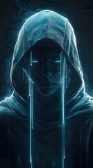 Poster - A person wearing a hooded sweatshirt with digital glowing lines