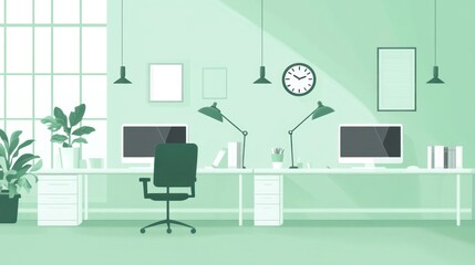 Poster - Modern minimalist office interior, bright workspace, productive environment, illustration, stock photo