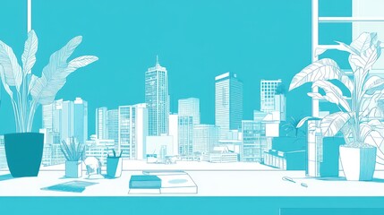 Poster - Modern city skyline view from a windowsill workspace