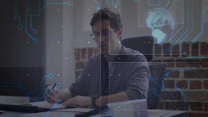 Aufkleber - Man working at desk with digital network and world map overlay animation