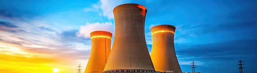 Aufkleber - Two cooling towers silhouetted against a stunning sunset creating a striking industrial landscape scene