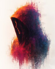 Poster - A hooded figure depicted in shades of artistic pixelated abstraction