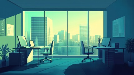 Poster - City Office Space Sunrise, Workplace Interior, View