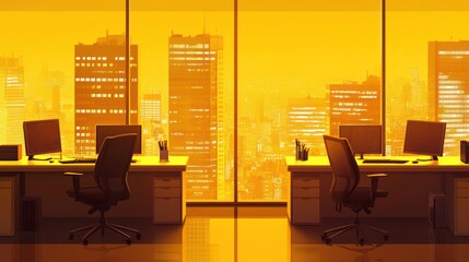 Poster - City Office Interior, Golden Hour, View, Working Space