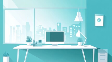 Poster - Modern office workspace with city view.  Possible use Stock photo for design inspiration or commercial use