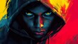 © rifqi - A hooded figure stares intensely with glowing yellow eyes forward