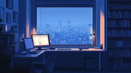 Poster - Night study room with city view