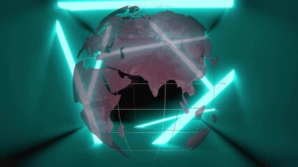 Poster - Animation of glowing digital globe with neon lines and geometric shapes