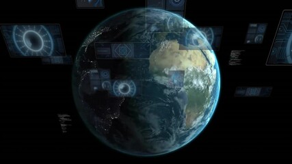 Poster - Rotating Earth in space with digital animation showcasing global connectivity interfaces