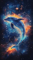 Wall Mural - A stylized illustration of a dolphin surrounded by a starfield
