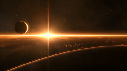 Wall Mural - spectacular sunrise over an alien planet's horizon, a crescent moon visible in the dark sky. golden 