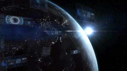 Poster - Digital data panels with Earth animation and glowing sun in space background