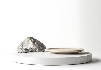 Poster - Minimalist 3D Render of Podium with Plate and Stone Element