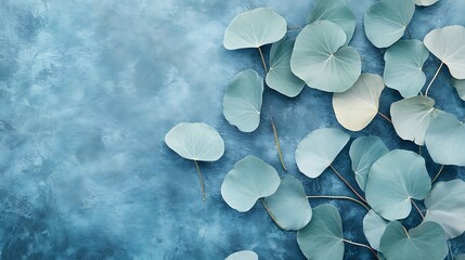 Poster - Soft Blue Background with Delicate Leaves Close-Up Arrangement