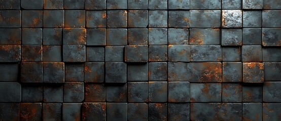 Poster - Dark Metallic Wall with Visible Cracks and Textured Squares
