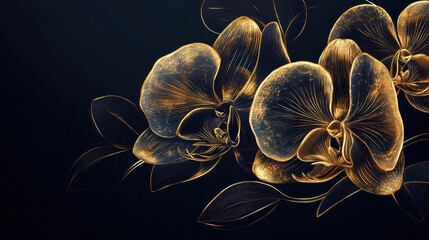 Poster - Decorative Golden Orchids Against a Dark Background Present a Floral Design