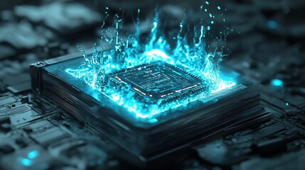 Poster - A luminous blue circuit board with water splashes emits light symbolizing powerful technology