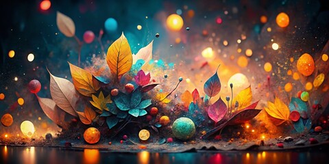 Poster - Expressive Collage Art with Bokeh, Dark Background, Light Accents - Abstract Stock Photo