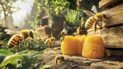 Fototapete - Hyper-detailed 3D rendering of a beehive chamber, featuring queen bee care, honey production, and worker bees tending to the next generation.