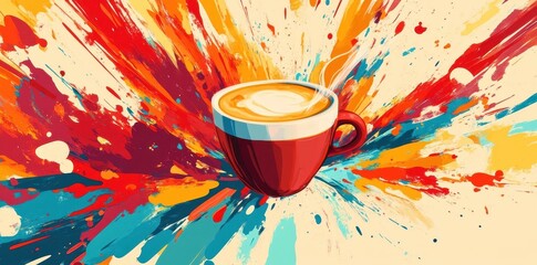 Poster - A red coffee mug with colorful paint splash effect around it