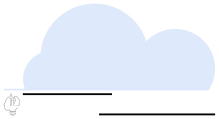 Light blue cloud with minimalist horizontal black lines and a lightbulb illustration symbolizing innovation. Ideal for technology, creativity, brainstorming, data storage, efficiency, strategy
