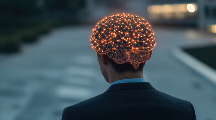 Poster - image depicts person in suit with glowing brain made of interconnected lines, symbolizing intelligence and innovation