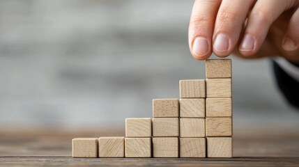 Poster - A hand places a wooden block atop a pyramid of blocks, symbolizing growth and progress in a business or personal context.
