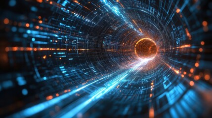 Fototapete - Abstract digital tunnel with glowing lines and data streams. Illustrates high-speed data transfer, digital transformation, or futuristic technology.