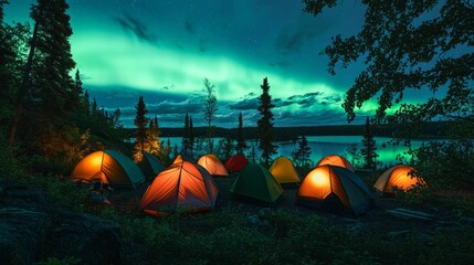 Wall Mural - The tent stands still, surrounded by the bright aurora, the warm lights from the tent, and the cold glow of the aurora against each other, creating a dreamlike and peaceful atmosphere.