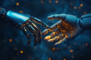 Poster - Two robotic hands reach towards each other, metallic fingers almost touching. Illustrates AI collaboration, futuristic technology, or human-robot interaction.