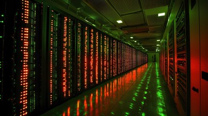 Poster - High-Tech Data Center with Glowing Red and Green Lights
