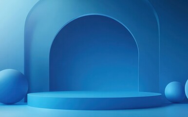 Poster - Abstract blue backdrop with arch, circular platform, and spherical objects ideal for presentations, product displays, or creative projects in minimalistic style