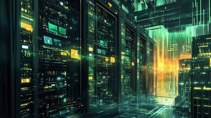 Aufkleber - Abstract Server Room with Glowing Lights and Data Displays in Modern Facility