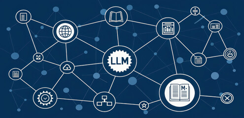 Poster - Network of interconnected elements representing LLM technology and resources. , Large language Model - LLM