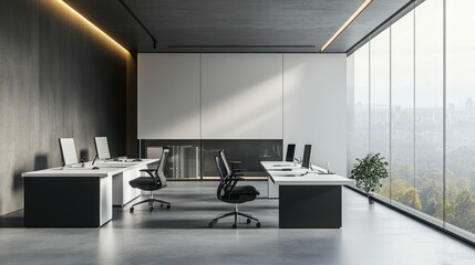Poster - Modern office space with city view. Interior design concept. Possible use Stock photo for office design