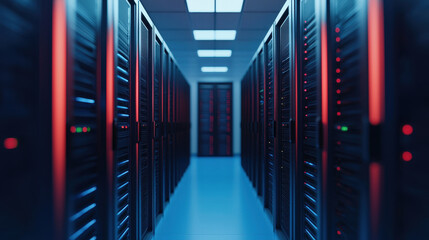 Poster - High tech server room with illuminated racks and cool blue lighting