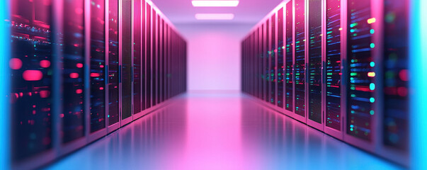 Poster - High tech server room with illuminated racks and modern design