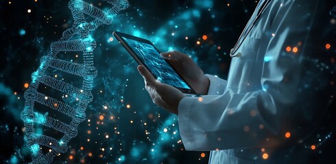 Poster - Doctor examining digital DNA data on tablet in futuristic laboratory setting : Generative AI