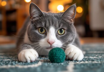 Poster - Adorable closeup of a grey cat with green eyes playing with a vibrant green toy ball on a cozy rug : Generative AI