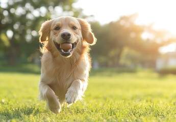Aufkleber - Golden retriever joyfully running through sunlit green field on a bright day : Generative AI