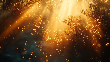 Leinwandbilder - ethereal sunlight filtering through golden mist creating a magical bokeh effect in a serene natural 
