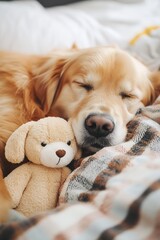 Poster - Golden retriever sleeping peacefully with a plush toy on a cozy blanket in a warm home setting : Generative AI