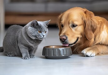 Poster - Adorable dog and cat sharing a meal with focus on their cute expressions and pet bowl : Generative AI