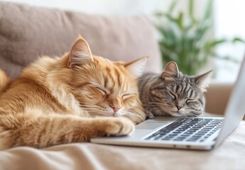 Poster - Two adorable cats peacefully sleeping on a couch beside a laptop in a relaxed indoor setting : Generative AI