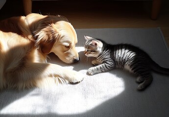Aufkleber - Golden Retriever and Tabby Kitten Enjoying a Peaceful Moment Together in Sunlight : Generative AI