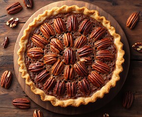 Poster - Deliciously Crafted Pecan Pie with Glazed Pecans on a Wooden Serving Board : Generative AI
