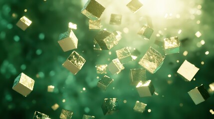 Poster - Abstract Green Background with Floating Shiny Cubes in Space