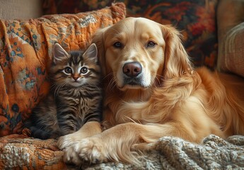 Poster - Charming golden retriever and playful kitten enjoying a cozy moment together on a colorful vintage couch : Generative AI